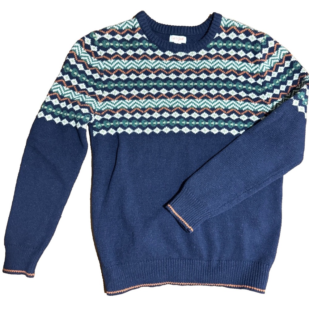 Cat and Jack Boy's Fair Isle Sweater Large 12 - 14 Blue Cotton Blend